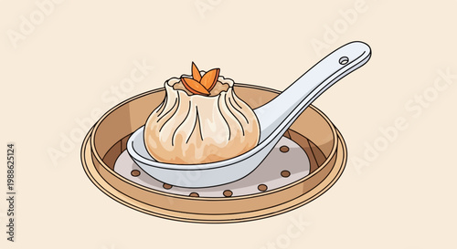 A dim sum dumpling rests on a spoon in a bamboo steamer