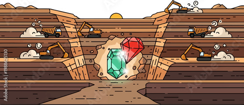 Excavation reveals sparkling gems at open-pit mine with sunrise