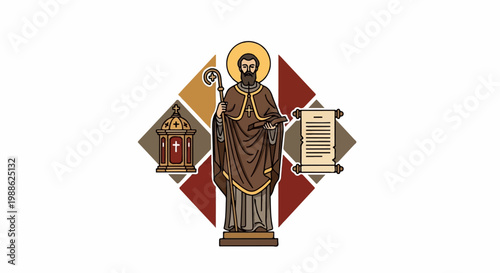 Religious figure with staff, book, shrine, and scroll, set against a diamond pattern backdrop