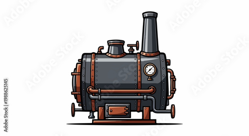 A stylized, retro steampunk boiler with pipes, gauges, and a tall smokestack on legs