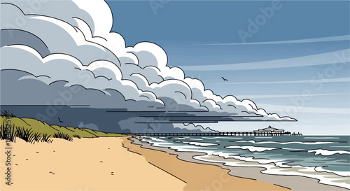 A coastal scene shows a sandy beach leading to the sea under a dramatic sky