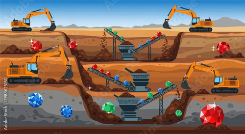 Excavators and conveyor belts unearth colorful gemstones in layered earth