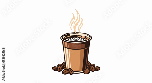 Steaming cup of coffee with latte art and scattered beans