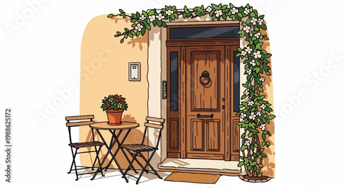 A charming doorway scene with a wooden door, climbing flowers, a small table, and chairs