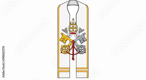 A white stole with gold trim, adorned with papal insignia and crossed keys