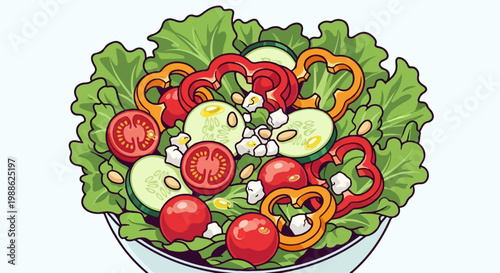 A vibrant, close-up illustration of a fresh salad in a bowl, overflowing with colorful vegetables and cheese
