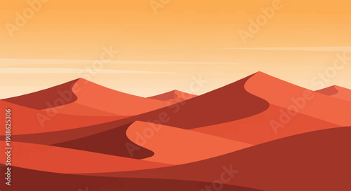 Expansive desert landscape with rolling sand dunes under a warm, gradient sky
