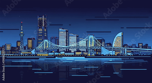 Pixelated city skyline with illuminated bridge and tower reflected in water at night