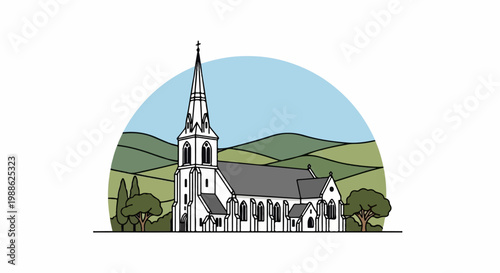 A white church with a tall steeple sits amidst rolling green hills under a blue sky