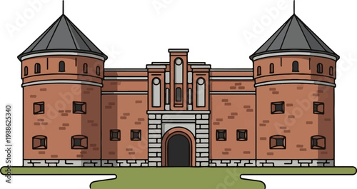 A brick fortress with two round towers and a central gatehouse, set against a white background