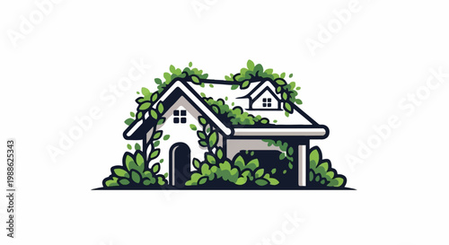 A charming, stylized house is enveloped by lush, green foliage, suggesting an organic, natural integration