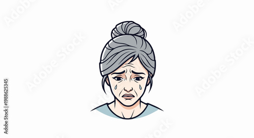 Sad elderly woman with tears streaming down her face, hair in a bun
