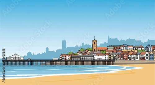 A seaside town with a pier extending into the ocean and a backdrop of buildings