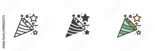 Confetti popper icon in line and solid style. Outline and filled vector sign with editable stroke. Celebration explosion symbol icon for party fun.