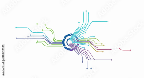 Abstract interconnected digital network with colorful branching pathways emanating from a central hub