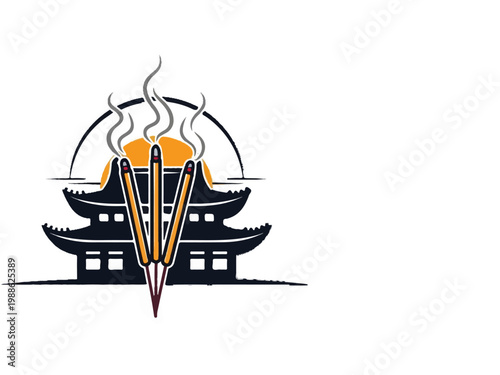 Stylized East Asian pagoda structure with three lit incense sticks and smoke