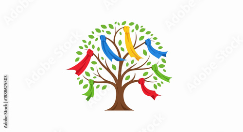 Stylized tree with colorful ribbons tied to its branches, set against a white background