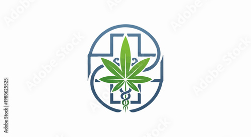Green cannabis leaf at center of blue circle with caduceus