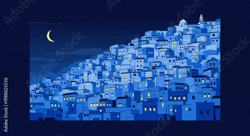 A crescent moon illuminates a densely packed village of blue buildings at night