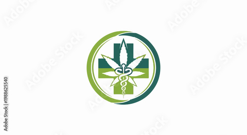 Medical cannabis symbol with caduceus entwined on a cross within a circular border