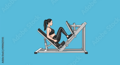 Woman exercising on a leg press machine against a solid blue background