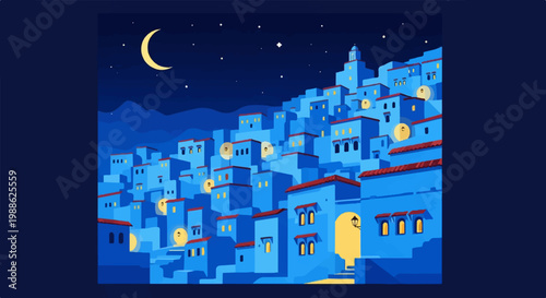 A pixelated nighttime village scene with a crescent moon and stars above blue buildings