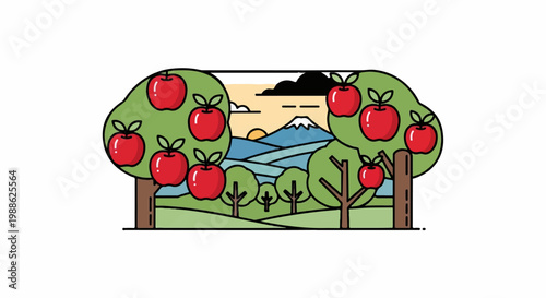 Orchard scene with ripe apples on trees, rolling hills, and a snow-capped mountain at sunset