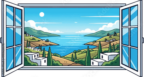 Open window reveals picturesque coastal village nestled between rolling hills and a tranquil bay