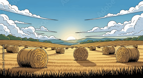 Sun sets over a golden field dotted with hay bales, casting long shadows under a sky with fluffy clouds