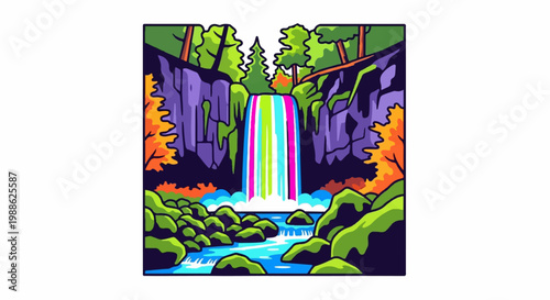Vibrant pixel art waterfall plunges into a rocky river, framed by lush green trees and purple cliffs
