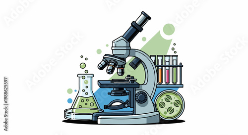 Scientific tools microscope, flasks, test tubes and petri dish with samples