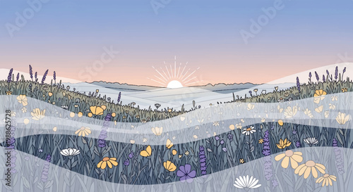 Gentle sunrise over a vibrant meadow filled with wildflowers and soft hills in pastel colors