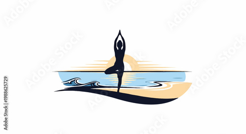 Silhouette of person in yoga pose on beach at sunrise with ocean waves