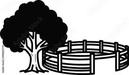 A stylized black and white illustration of a large, bushy tree next to a circular wooden enclosure