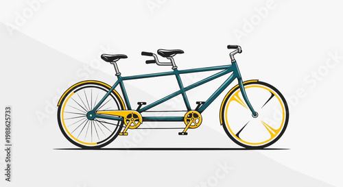 A stylized illustration of a teal and yellow tandem bicycle against a white and grey background