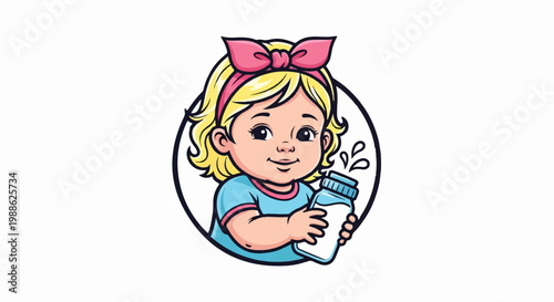Animated girl with blonde hair, pink bow, blue shirt, holding milk bottle