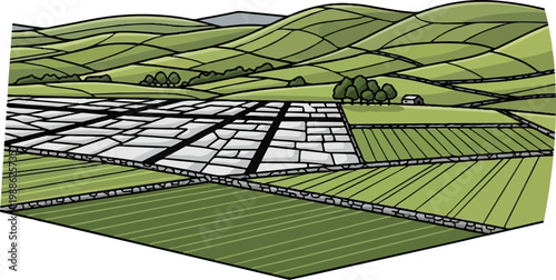 Green rolling hills divided into patchwork fields with stone walls and a stone-paved area