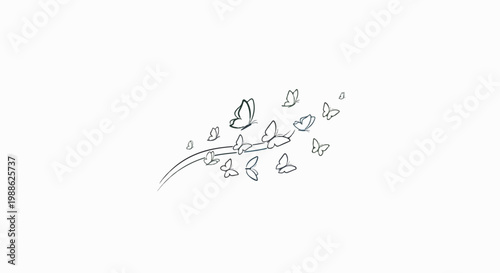 Minimalist sketch of numerous delicate butterflies fluttering around a curved branch