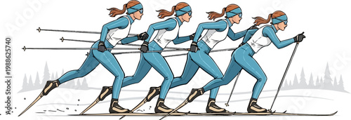 Women cross-country skiers in blue suits glide across snow-covered terrain with trees in background