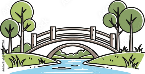 Stylized illustration of a park scene with a bridge over a river and trees