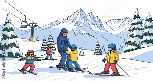 Group of children and adult skiing down a snowy mountain slope with a ski lift nearby