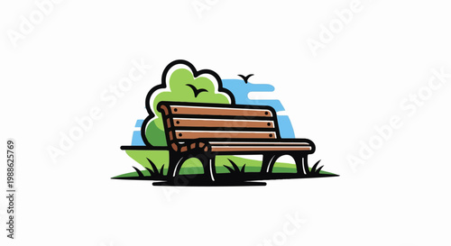 A solitary wooden park bench sits on green grass beneath a lush tree, with two birds flying in a blue sky
