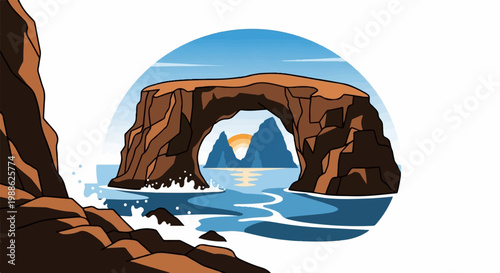 Coastal rock arch framing a sunrise over blue ocean and distant mountains