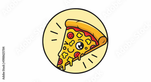 A playful cartoon slice of pepperoni pizza with a cheerful face in a yellow circle