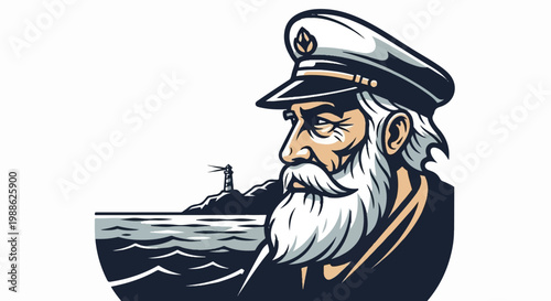 Experienced sea captain with white beard, facing right, near a lighthouse on a rocky shore