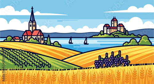 A picturesque landscape featuring rolling hills, golden fields, a vineyard, and distant structures on the water
