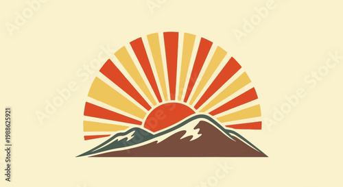 Retro sunburst over stylized mountains at dawn or dusk