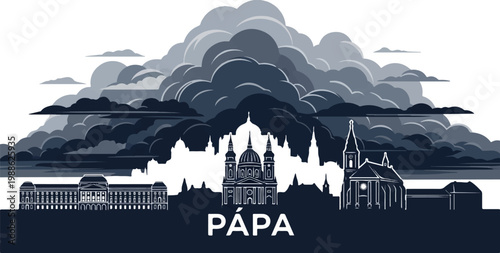 Monochromatic pixel art cityscape with dramatic clouds over various historical buildings