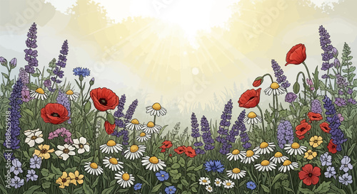 A vibrant, hand-drawn meadow bursts with red poppies, purple lavender, and white daisies under bright sunbeams