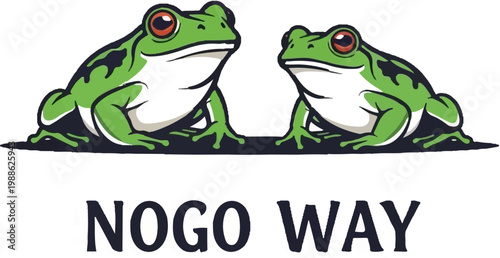 Two bright green frogs with dark spots and red eyes sit facing each other